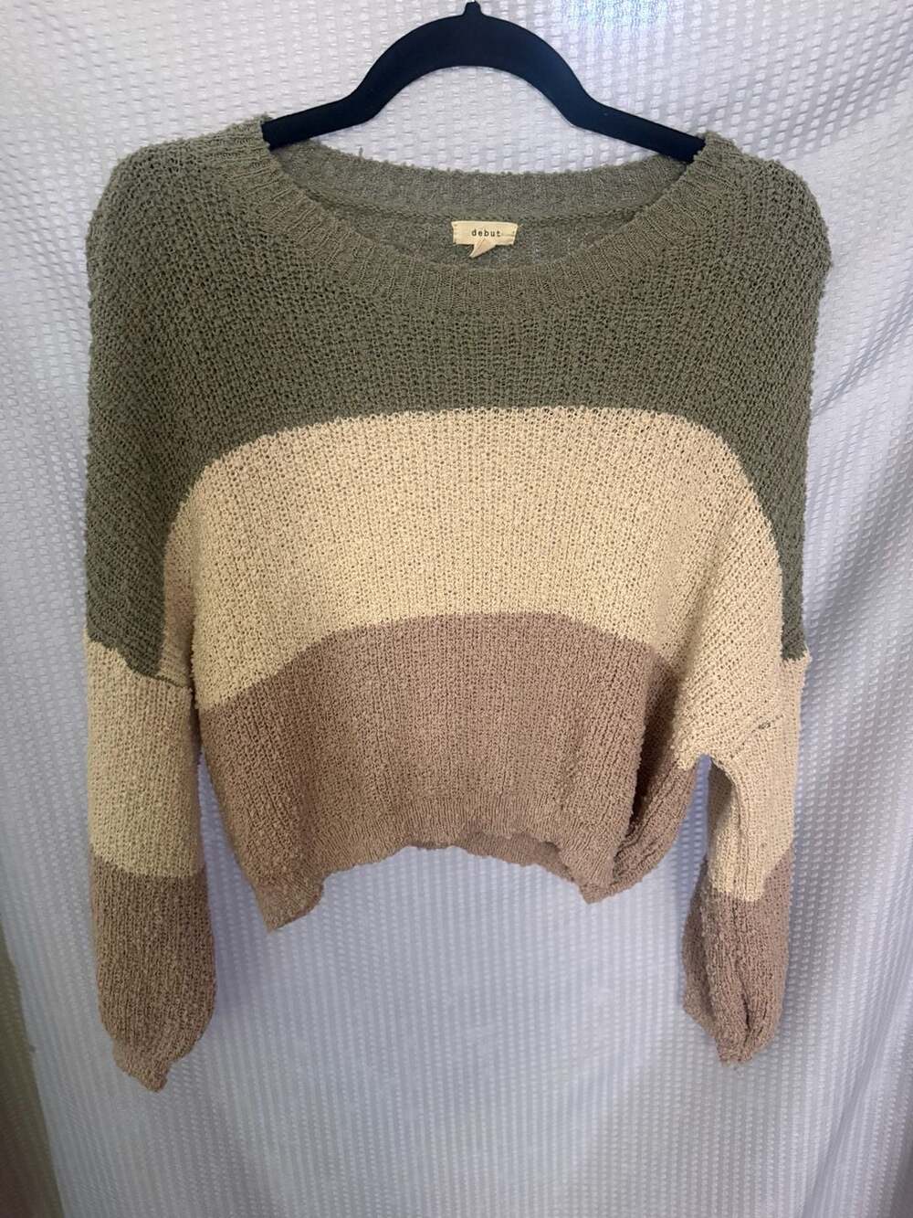 Debut Colorblock Cropped Knit Sweater Olive Cream Tan Size S